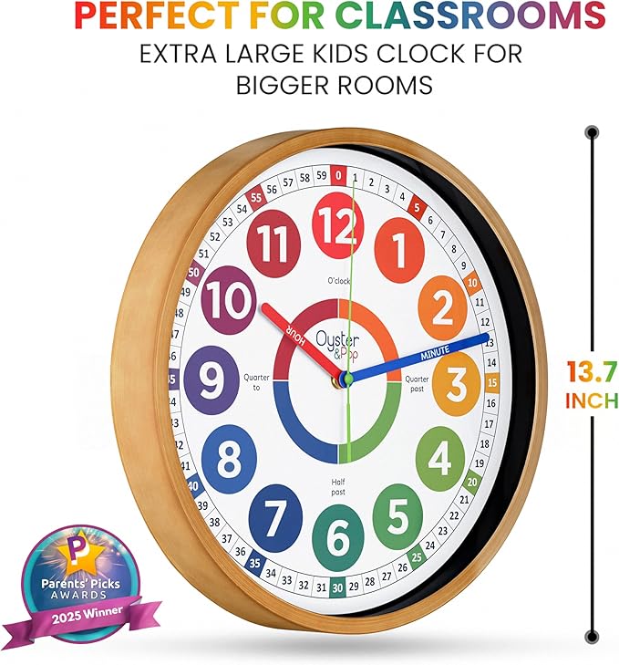 Oyster&Pop Extra Large Learning Clock for Kids - 14 Inch Silent Analog Classroom Clock - Kids Room Decor - Makes Teaching Time Easy