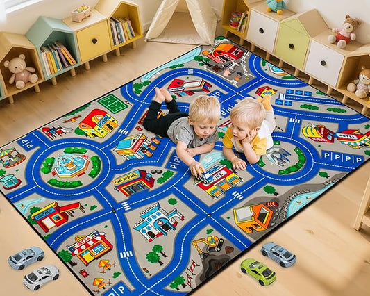Road Car Rug, 5x7 Ft City Road Rug for Kids, Extra Thick (0.4in) Kids Floor Play Mat and Car Carpet with Realistic Colors - Perfect for Children, Soft and Non-Slip for Playroom and Bedroom