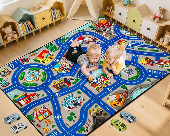 Road Car Rug, 4x6 Ft City Road Rug for Kids, Extra Thick (0.4in) Kids Floor Play Mat and Car Carpet with Realistic Colors - Perfect for Children, Soft and Non-Slip for Playroom and Bedroom