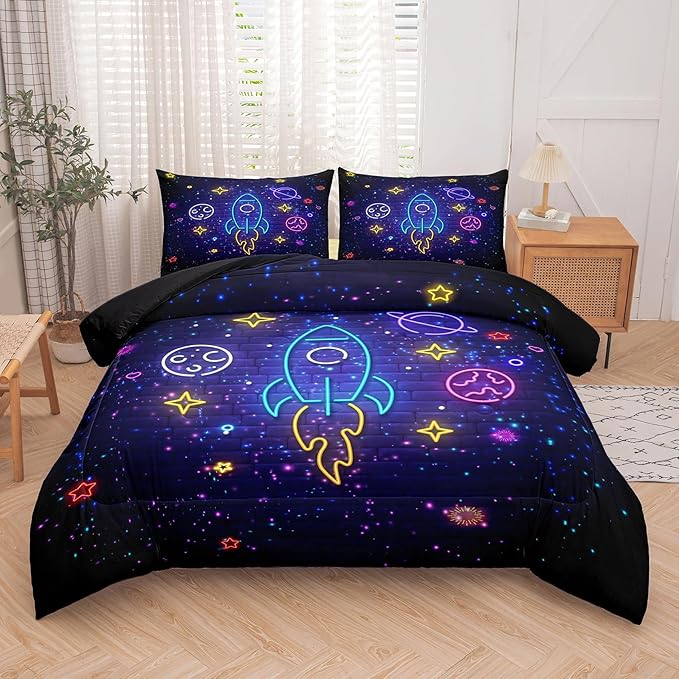 Tailor Shop Space Bedding King Size Comforter Sets Twin Comforter Set for Kids Boys Galaxy Bedding Comforter with 2 Pillowcase……