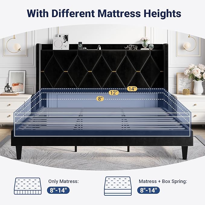 Allewie Velvet King Size Upholstered Bed Frame with Wingback Storage Headboard & Charging Station, Platform Bed with Diamond Tufted Design & Gold Trim, No Box Spring Needed, Easy Assembly, Black