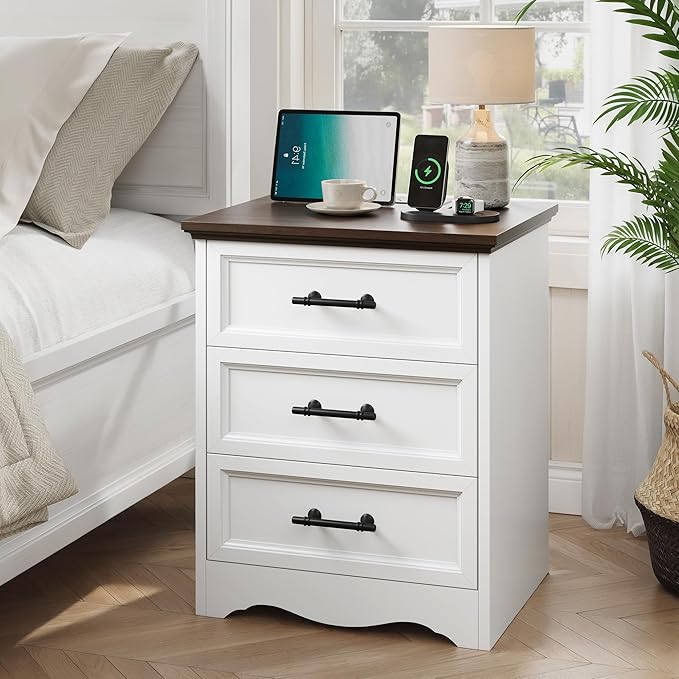 Nightstand Set of 2, Farmhouse Night Stand with Charging Station, White Wood Bedside Table & End Table with 3 Drawers, Side Table Storage Cabinet with Metal Handles for Bedroom, Living Room