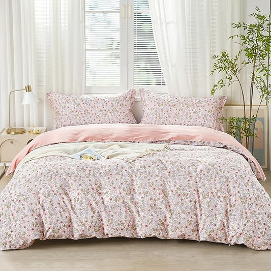 SAPHREAS Duvet Cover Set Twin 2pcs Blue Pink Floral Blossom Bedding Comforter Cover Set 100% Cotton 1 Duvet Cover 68"x90" 1 Pillow Sham, Comforter Not Included