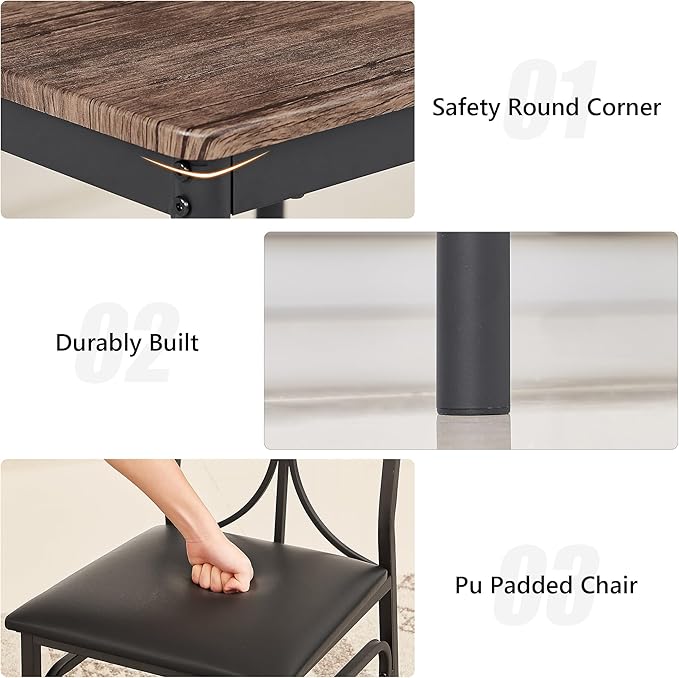 VECELO Kitchen Dining Room Table Set with 2 Chairs for Small Space, Apartment,Metal Steel Frame