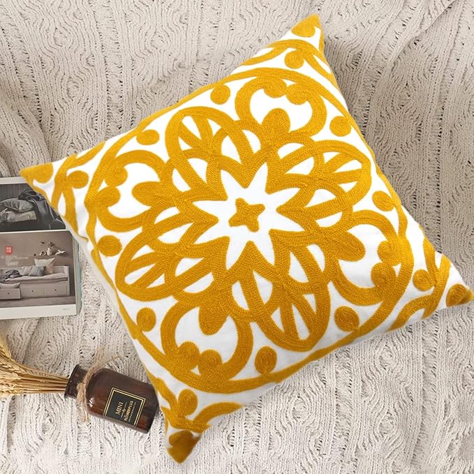 Alysheer Embroidered Decorative Throw Pillow Cover 20"x 20", Boho Mandala Modern Thick Embroidery Pattern, Durable Cotton Canvas Soft Cushion Case for Sofa Couch Bed Living Room (Mustard Yellow)