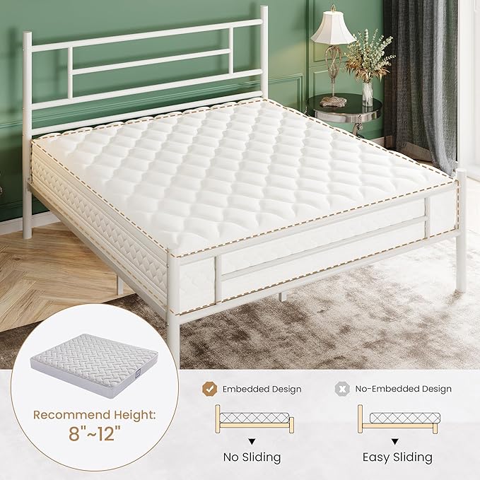SHA CERLIN 14 Inch Full Size Metal Bed Frame with Iron-Art Headboard and Footboard,Under Bed Storage Space,Platform Bed with Metal Slats Support,Easy Assembly,Noise Free,No Box Spring Needed,White
