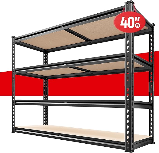 REIBII 40" W Garage Shelving 2000LBS Storage Shelves Adjustable Metal Shelving Heavy Duty 4 Tier Garage Shelves 60" H Metal Shelves for Closet Pantry Kitchen Warehouse 40" W × 20''D × 60''H
