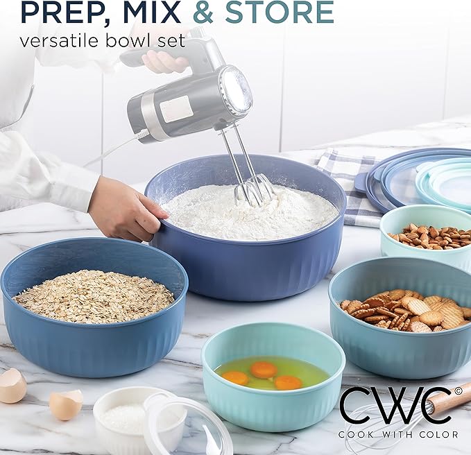COOK WITH COLOR Prep Bowls with Lids- Wide and Deep Nesting Plastic Small Mixing Bowl Set with Lids, 12 Piece Set - Wide Bowls, Blue