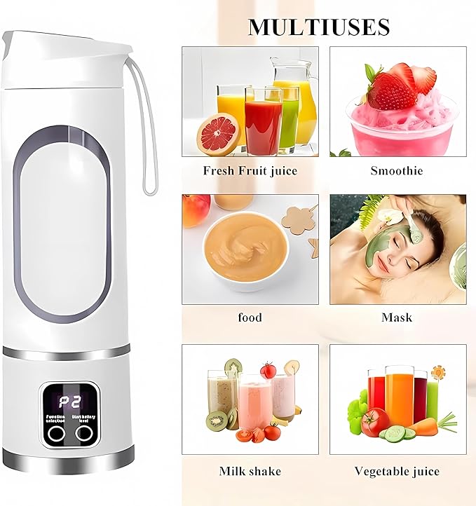 Cordless Blender - Dual 1500mah Battery & 12 Blades | 3-Speed 450ml Portable Blender| For Smoothies, Juicing, Ice Crushing, Travel, Gym