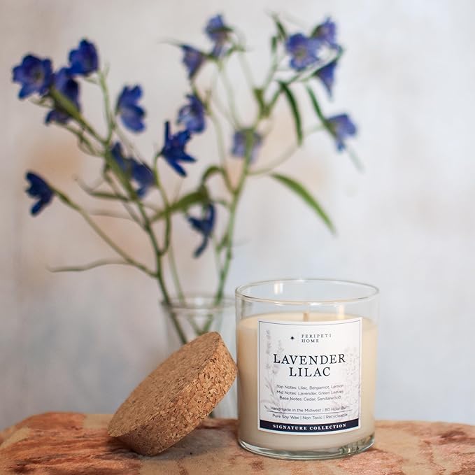 PERIPETI Home Lavender + Lilac Scented Candle - Classic Wick, 8.5oz Natural Soy Wax for Soothing Aromatherapy - Long-Lasting Relaxing Fragrance for Home or Spa
