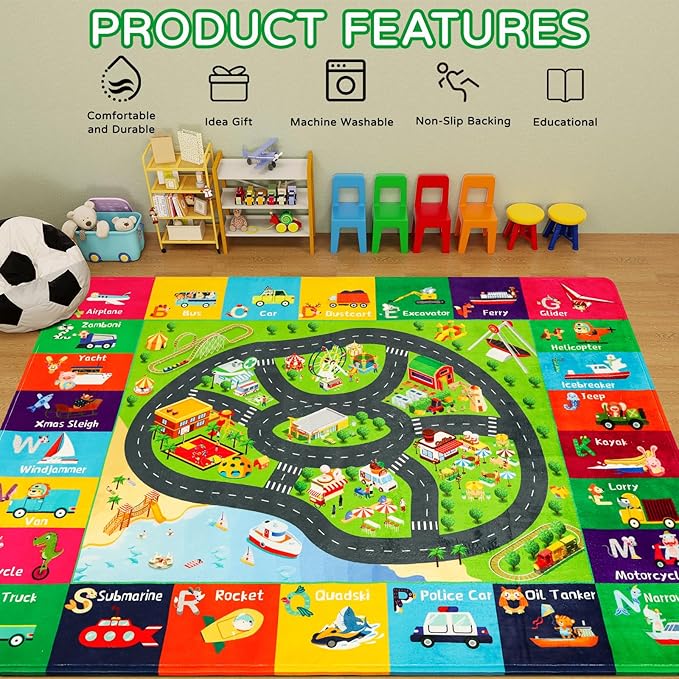 Kids Rugs Traffic Road Carpet Play Rug 47"×31.5" for Playroom Transportation ABC Educational Mat Alphabet Area Rug, Kid Playtime Collection Toddler Car Track Rug Cute Cartoon Animal Letters