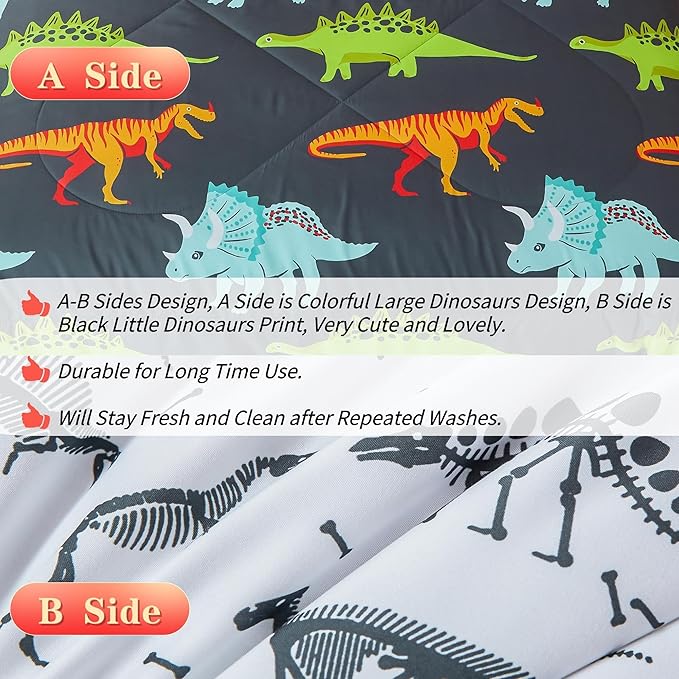 RYNGHIPY Dinosaur Bedding Set - Full Size Kids Comforter Set for Boys & Girls - Soft, Breathable, Cute Dinosaur Bed Set for All Season (Black, Full)