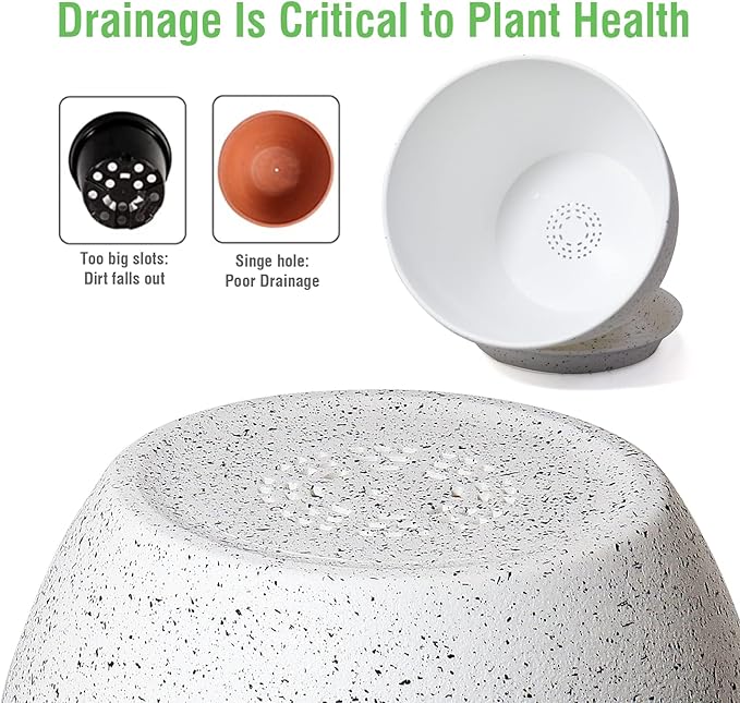 WOUSIWER Plant Pots 10/9/8 inch, Set of 3 Modern Decorative Plastic Planters with Drainage Holes and Saucers for House Plants Indoor Flowers Plants, White Speckles