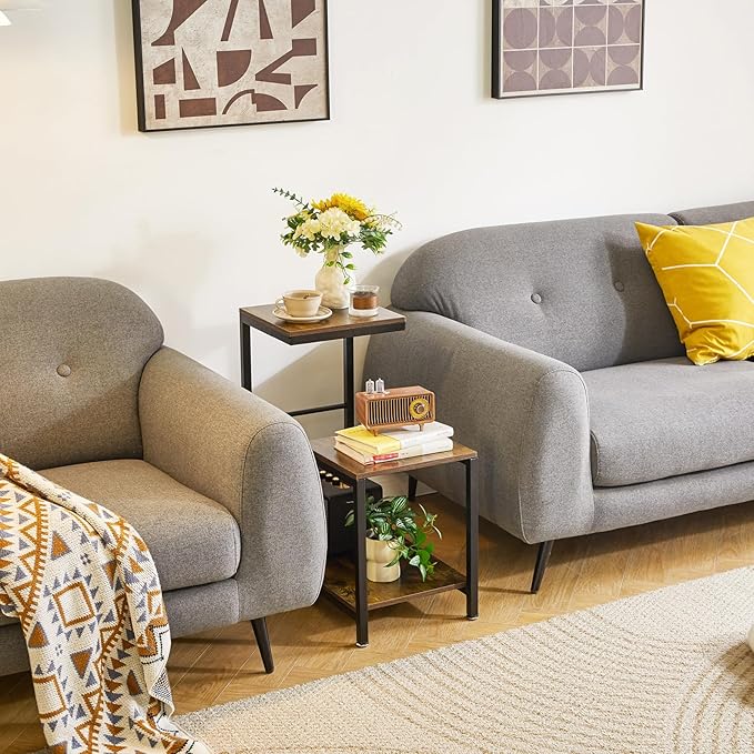 G-Shaped End Table, 3 Tier Side Table with Metal Frame for Living Room Corner Tables, Balcony, Couch, Bedroom Rustic Brown YD-TM053H