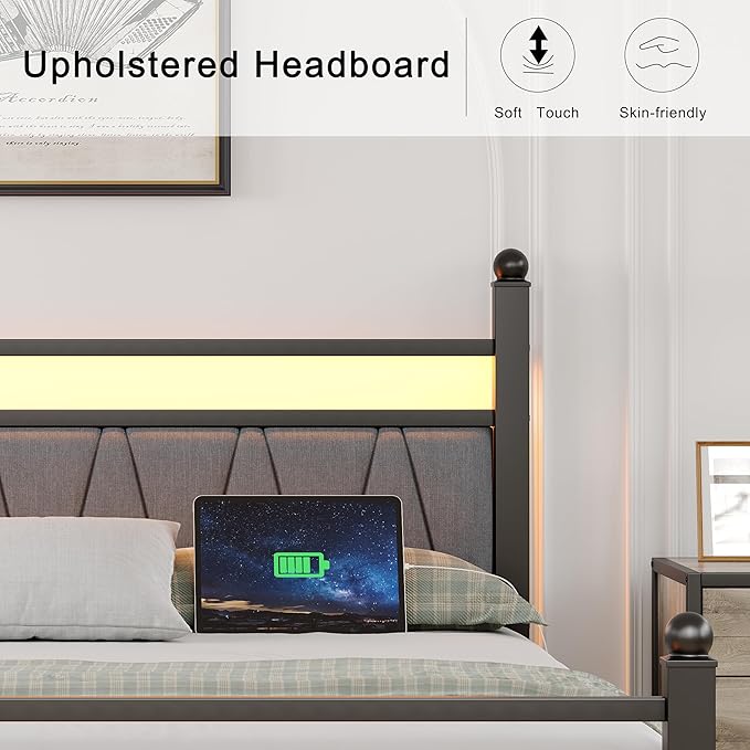 Full Bed Frame with Smart LED Lights, Storage Headboard and USB Charging Station,Heavy Duty Wooden Slats, No Box Spring Needed, Noise Free, Easy Assembly (Modern Black, Full)