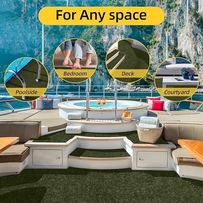 Marine Carpet,5 FT x 15 FT Olive Green Indoor Outdoor Carpet 0.2" Thick with Water-Proof TPE Backing, Non-Slide for Home, Patio, Porch, Deck