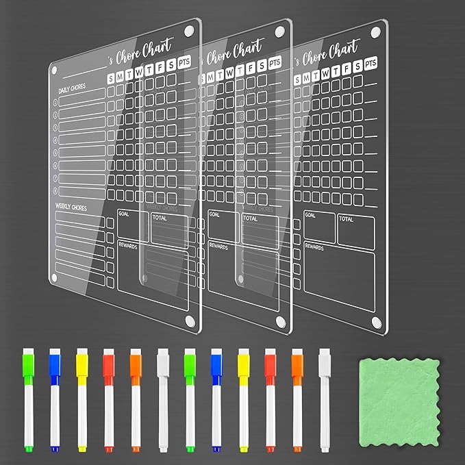 PigPotParty 3 Pack Acrylic Magnetic Kids Chore Chart for Multiple Kids & Family on Fridge – 9.5"x12" Weekly Dry Erase Chore Board with 12 Fine Point Colorful Markers & 1 Towel