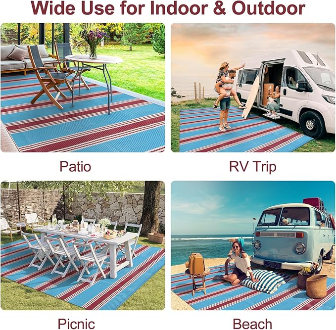 Lahome Striped Outdoor Rug 8x10 Patio Waterproof, Reversible Outdoor Plastic Straw Rug for Camping, RV Patio Rugs Outside Large Carpet for Porch Deck Backyard Picnic(Blue/Red,8'x 10')