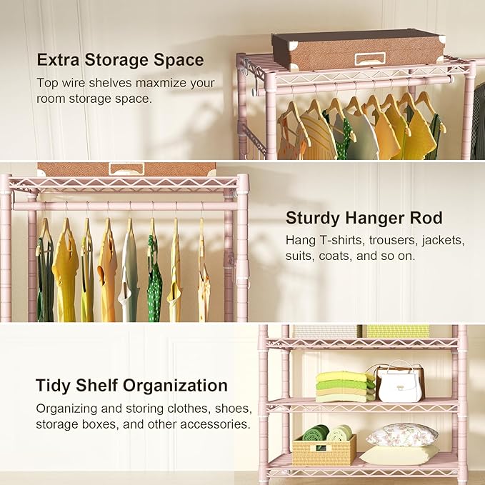 Ulif E1 Heavy Duty Closet Garment Rack, 6 Tiers Adjustable Metal Freestanding Expandable Clothing Storage with 4 Hanger Rods, Easy to Assemble Wardrobe, 71.4" H x (70" - 88.2") L x 14" D, Pink