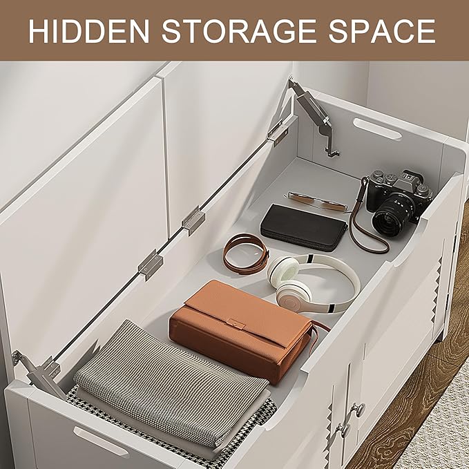 ChooChoo Shoe Storage Bench with Lift Top Storage, Entryway Bench with 2 Cushioned Seats, 3 Compartments, Adjustable Shelf, Shoe Cabinet for Entryway, Bedroom, Living Room, White