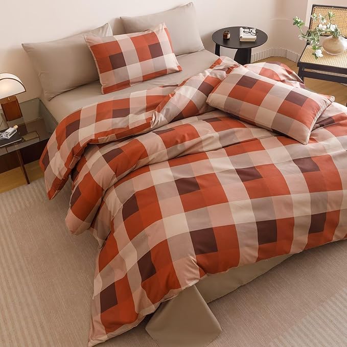 Orange Beige Checkered Comforter Set King Size Brown Plaid Bedding with Matching Pillows Modern Minimalist Bedroom Decor Soft & Breathable, King Size