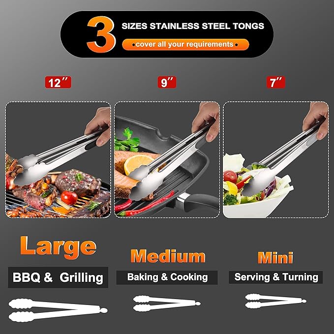 Anaeat Stainless Steel Locking Tong Set of 3 - Premium 7, 9 and 12 inch Kitchen Food Tongs with Non-Slip Silicone Tips and Grip for Serving, Cooking, Baking and BBQ - Heavy Duty & Heat Resistant