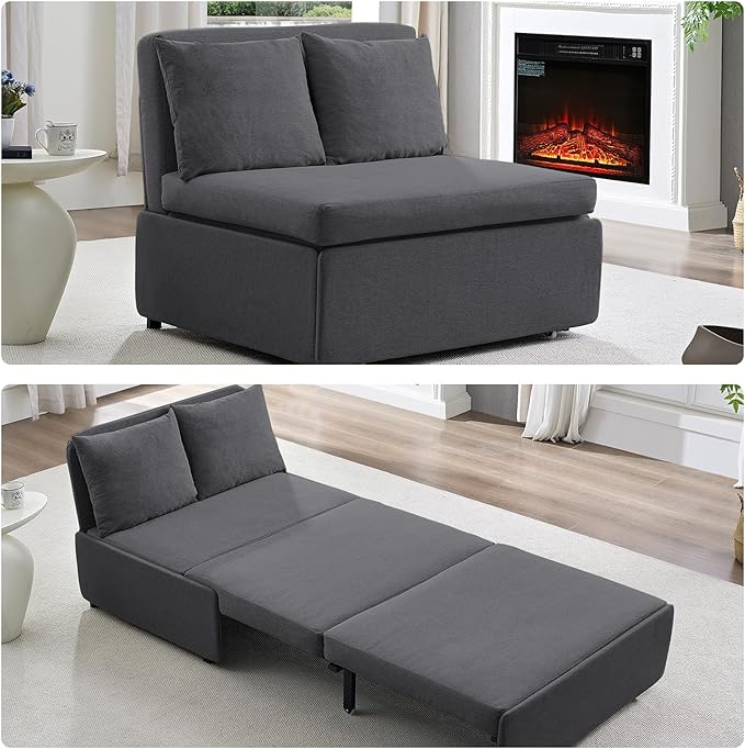 2 in 1 Pull Out Sofa Bed Full Size, Small Convertible Sleeper Sofa Couch, Linen Folding Guest Bed with Wheels and Cushions Pillow, Futon Sofas Couch Beds for Bedroom Office Lounge - Dark Grey