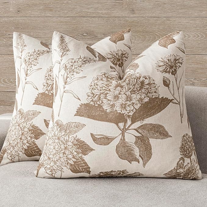 Foindtower Set of 2 Linen Floral Vintage Throw Pillow Covers Neutral Accent Decorative Cushion Covers Farmhouse Boho Home Decor for Sofa Chair Couch Bedroom Living Room Outdoor,18×18 Inch,Light Brown