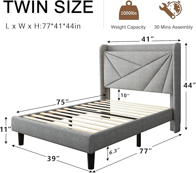 Twin Size Upholstered Bed Frame with Charging Station, Platform Bed Frame with Storage Headboard, Solid Wood Slats Support, No Box Spring Needed, Light Gray