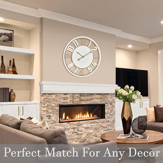 Sorbus 24-Inch Large Wall Clock – Wooden Decorative Clock for Living Room, Kitchen, Bedroom, Office – Easy to Hang Analog Wall Art (White)