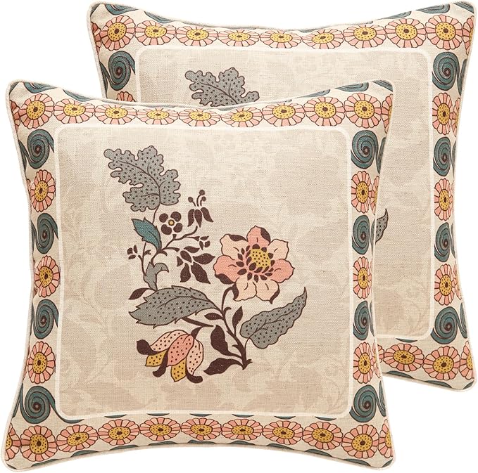 Design Square Linen Vintage Throw Pillow Covers 18"x18" Pack of 2, Gray Green Farmhouse Cushion Covers with Silver Lotus Floral Pattern Decor Pillowcases for Bed,Living Room,Outdoor,Car