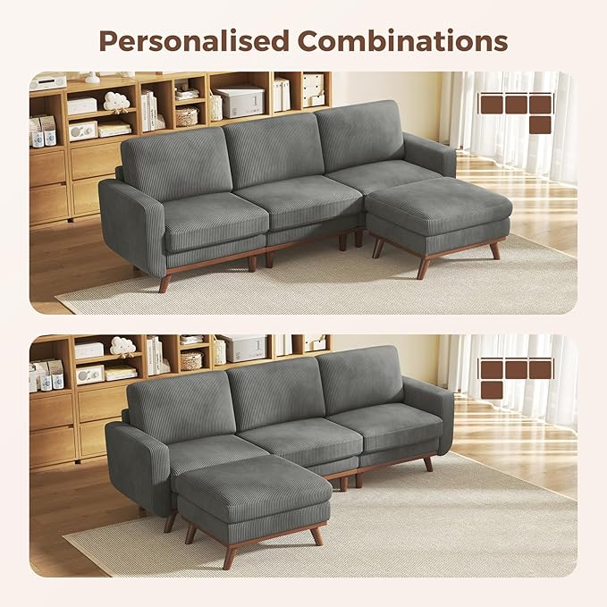 Vesgantti 97" Modular Sectional Sofa Dark Gray, L-Shaped Couch with Movable Ottoman, Comfy Corduroy Couch with Spring Cushion, Modular Sofa with Deep Seat for Living Room, Bedroom and Apartment