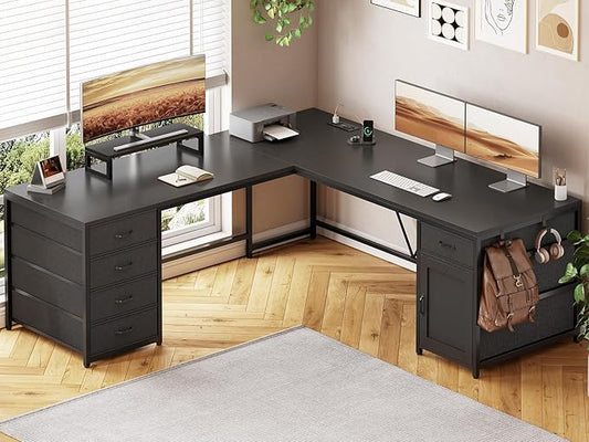 Sedeta SEDETA L Shaped Desk, 63'' Computer Desk with 5 Drawer & Power Outlet,Long Home Office Desk or Corner Desk, L Shaped Corner Desk with Monitor Shelf, Storage Cabinet, Black