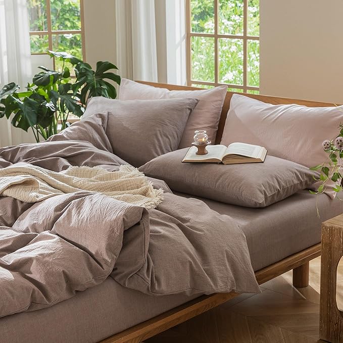 MooMee Bedding Duvet Cover Set 100% Washed Cotton Linen Like Textured Breathable Durable Soft Comfy (Heathered Mauve Brown, Palatial King/Oversized King 120"x98")