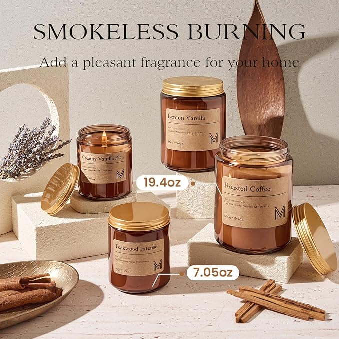 M&SENSE Teakwood Intense Home Scented Candle | 19.4oz, 116-Hour Burn | Natural Organic Soy Wax | Long-Lasting for Stress Relief and Gifting | for Bedroom，Relaxing SPA，Office