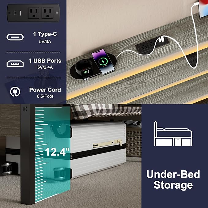 Twin Bed Frame with LED Lights & Charging Station, Metal Platform Bed with Headboard, Heavy Duty Metal Slats, No Box Spring Needed, Noise Free, Easy Assembly