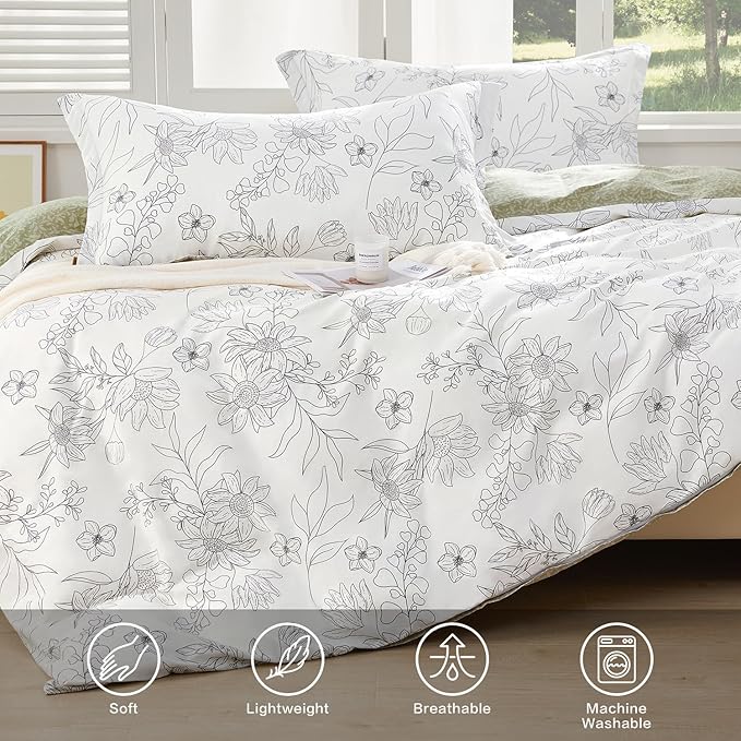 SAPHREAS Sunflower Printed Duvet Cover Set 3pcs King Size Drawing Floral White Bedding Comforter Cover Set 1 Duvet Cover 104"x90" 2 Pillow Shams, Comforter Not Included