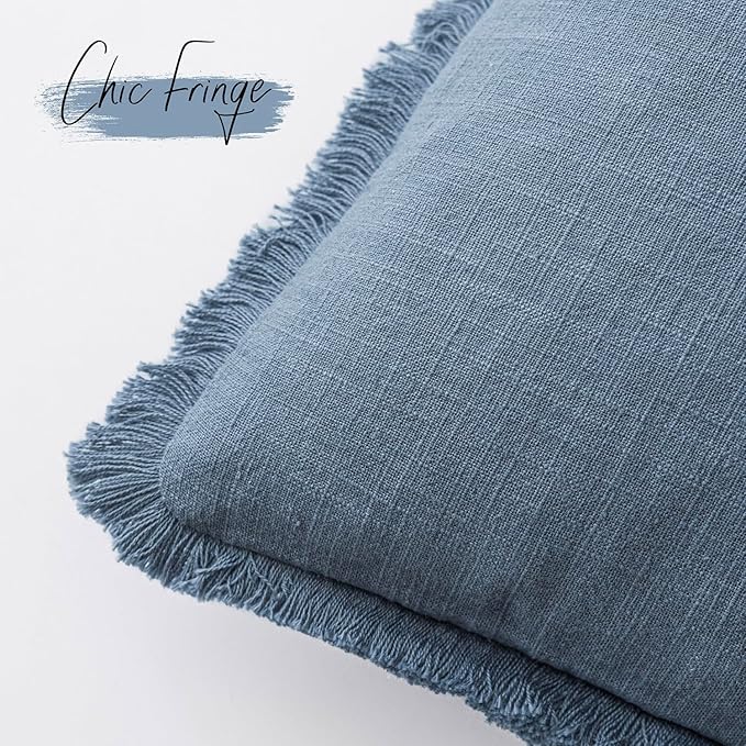 Foindtower Set of 2 Decorative Linen Fringe Throw Pillow Covers Cozy Boho Farmhouse Cushion Cover with Tassels Soft Accent Pillowcase for Couch Sofa Bed Living Room Home Decor, 22×22 Inch, Misty Blue