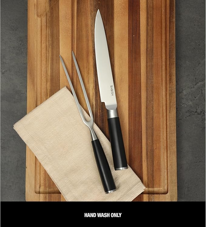 Babish 2-Piece Carving Knife and Fork Set – 8-Inch Stainless Steel Carving Knife with 6.5-Inch Fork – Precision Cutlery for Turkey, Roast, and Meat Carving – Ergonomic ABS Handles