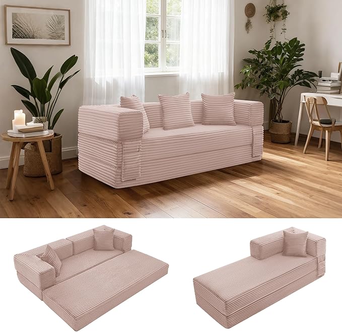 Sectional Boneless Couch Convertible Sofa Bed, 78'' Modular Sectional Sleeper Sofa with Removable Armrests & 3 Pillows, Small Floor Couch No Assembly Needed for Living Room, Office, Bedroom, Pink