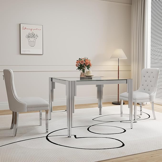 35" Square Glass Dining Table for 2-4, Modern Silver Tempered Glass Kitchen Table with Stainless Steel Legs for for Small Space, Kitchen, Living Room