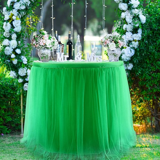 9ft Green Tulle Table Skirts for Rectangle Tables or Round Tables Ruffle Tutu Tablecloth for Birthday Party Baby Shower Jungle Luau Animal Safari Theme Party Table Decorations