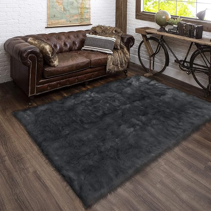 Latepis Dark Grey Rugs for Living Room Sofa 5x6.7 Faux Sheepskin Rug for Bedroom Plush Fluffy Rug Room Décor, Furry Rugs, Rectangle
