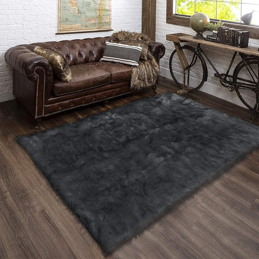 Latepis Dark Grey Rugs for Living Room Sofa 5x6.7 Faux Sheepskin Rug for Bedroom Plush Fluffy Rug Room Décor, Furry Rugs, Rectangle