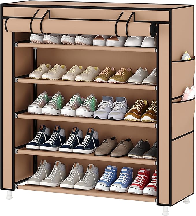 Laiensia 5-Tier Vertical Shoe Rack Organizer, Space Saving Shoe Storage Organizer, Non-Woven Cover Shoe Shelf Holds 20-25Pairs for Bedroom, Hallway, Closet Entryway, Brown