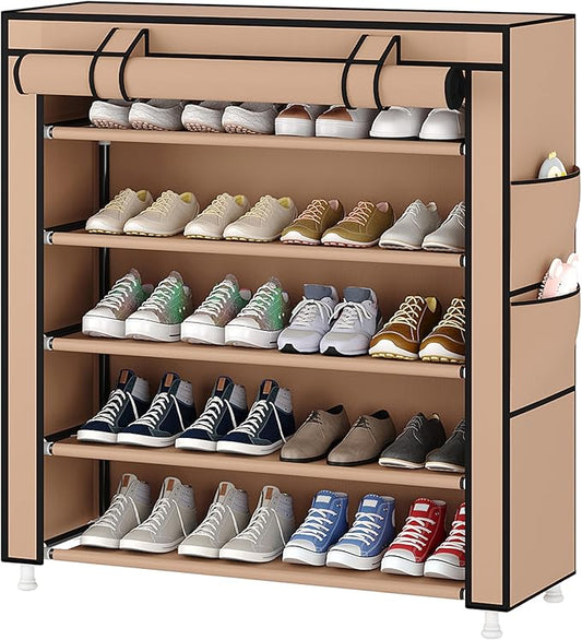 Laiensia 5-Tier Vertical Shoe Rack Organizer, Space Saving Shoe Storage Organizer, Non-Woven Cover Shoe Shelf Holds 20-25Pairs for Bedroom, Hallway, Closet Entryway, Brown