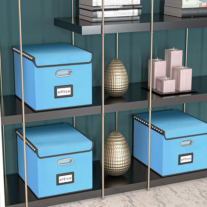 Huolewa Portable File Organizer Box Office Document Storage with Lid, Linen Hanging Filing Storage Boxes, Decorative Home/Office Filing System for File and Folders Storage (Sky-blue)