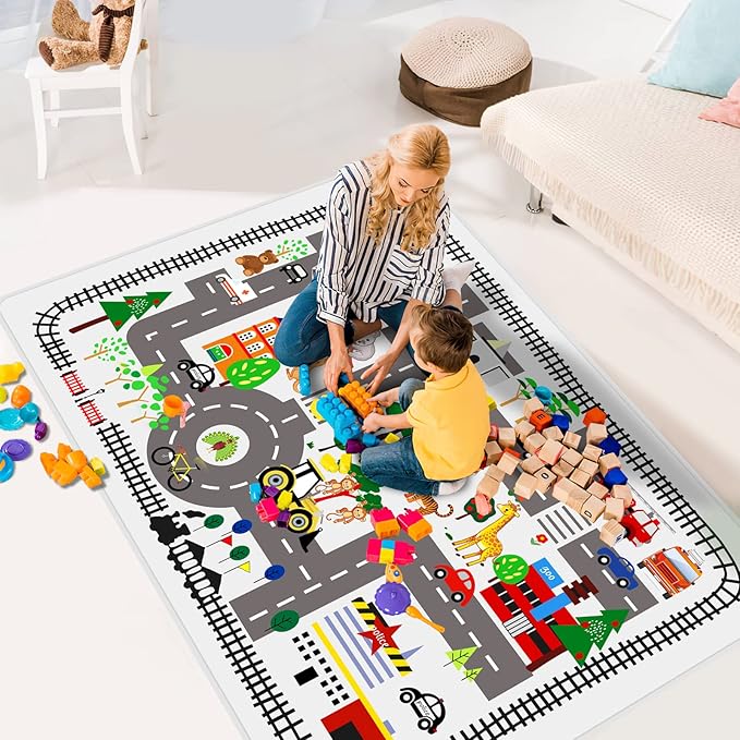 Kids Car Playmat, Kids Rug for Playroom Car Mat Town City Road Traffic Rugs, Play Mat for Floor, Extra Large Boys Kid Car Track Play Rug (Style Five, 78.7X 59 INCH)