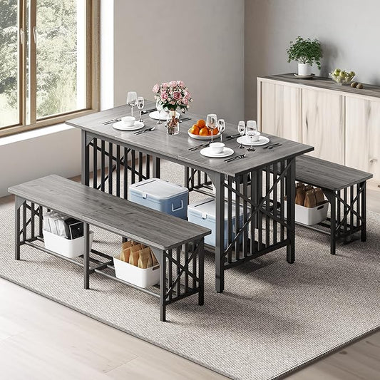 DWVO 3-Piece Dining Table Set for 4-6 People, 63" Dining Room Table with 2 Benches, Industrial Rectangular Dining Room Table Set with Storage for Kitchen, Dining Room, Grey