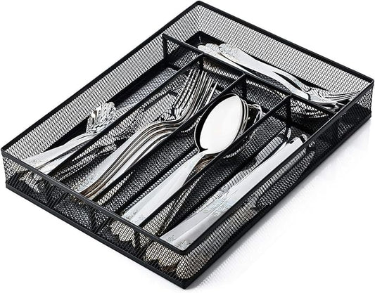 Silverware Organizer Metal Mesh, Small Drawer Organizer, Utensil Cutlery Tray for kitchen drawers, Flatware Organizer with 5 Compartment, Black(9.3"*12.6")